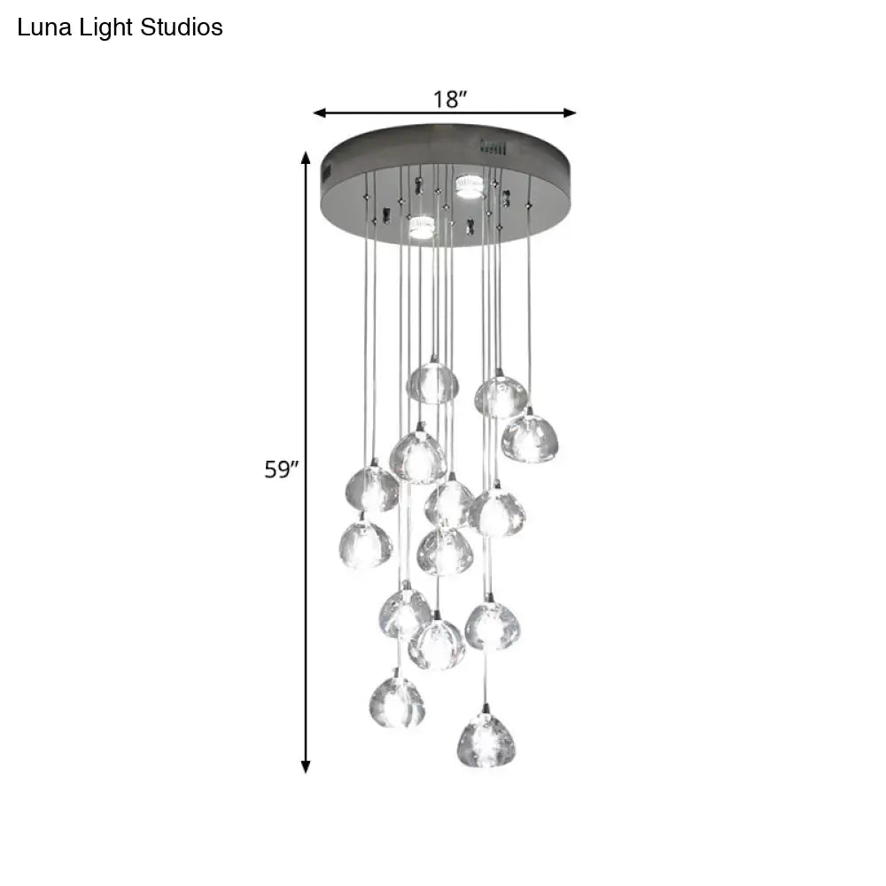 Modern Led Cluster Pendant Light With 14 Silver Bulbs And Clear Concave Glass