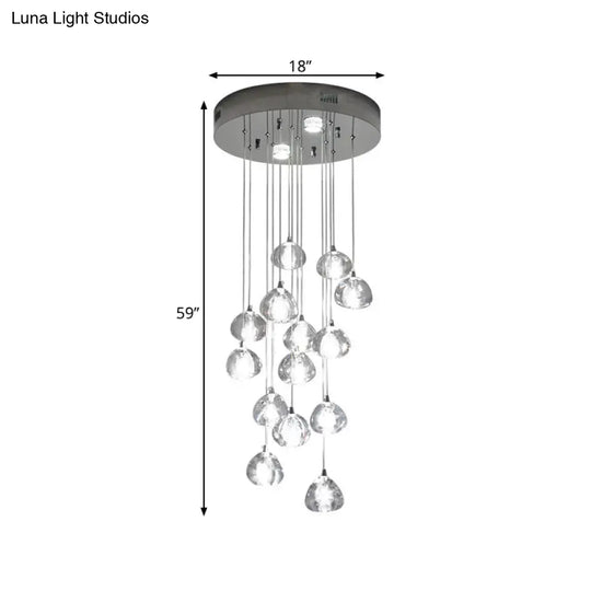 Modern Led Cluster Pendant Light With 14 Silver Bulbs And Clear Concave Glass