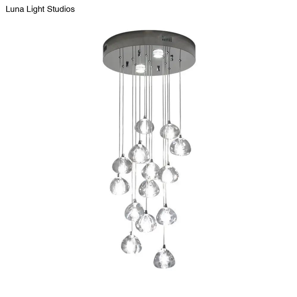 Modern Led Cluster Pendant Light With 14 Silver Bulbs And Clear Concave Glass