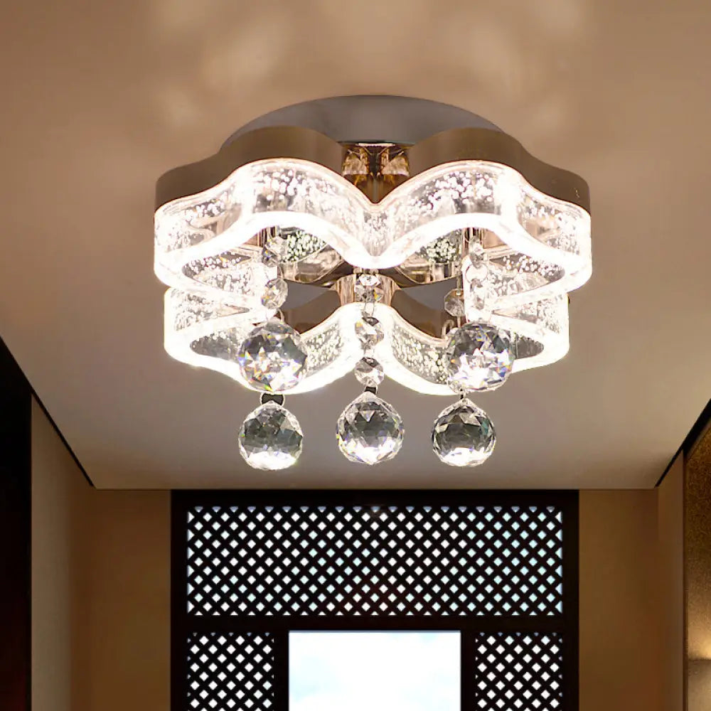 Modern Led Corridor Flush Mount Fixture With Chrome Ceiling Lighting And Floral Crystal Shade