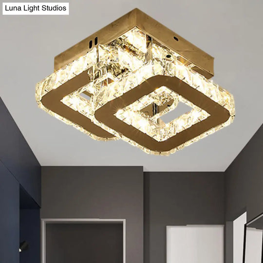 Modern Led Corridor Semi - Light Fixture In Stainless Steel With Clear Crystal Blocks - Ceiling
