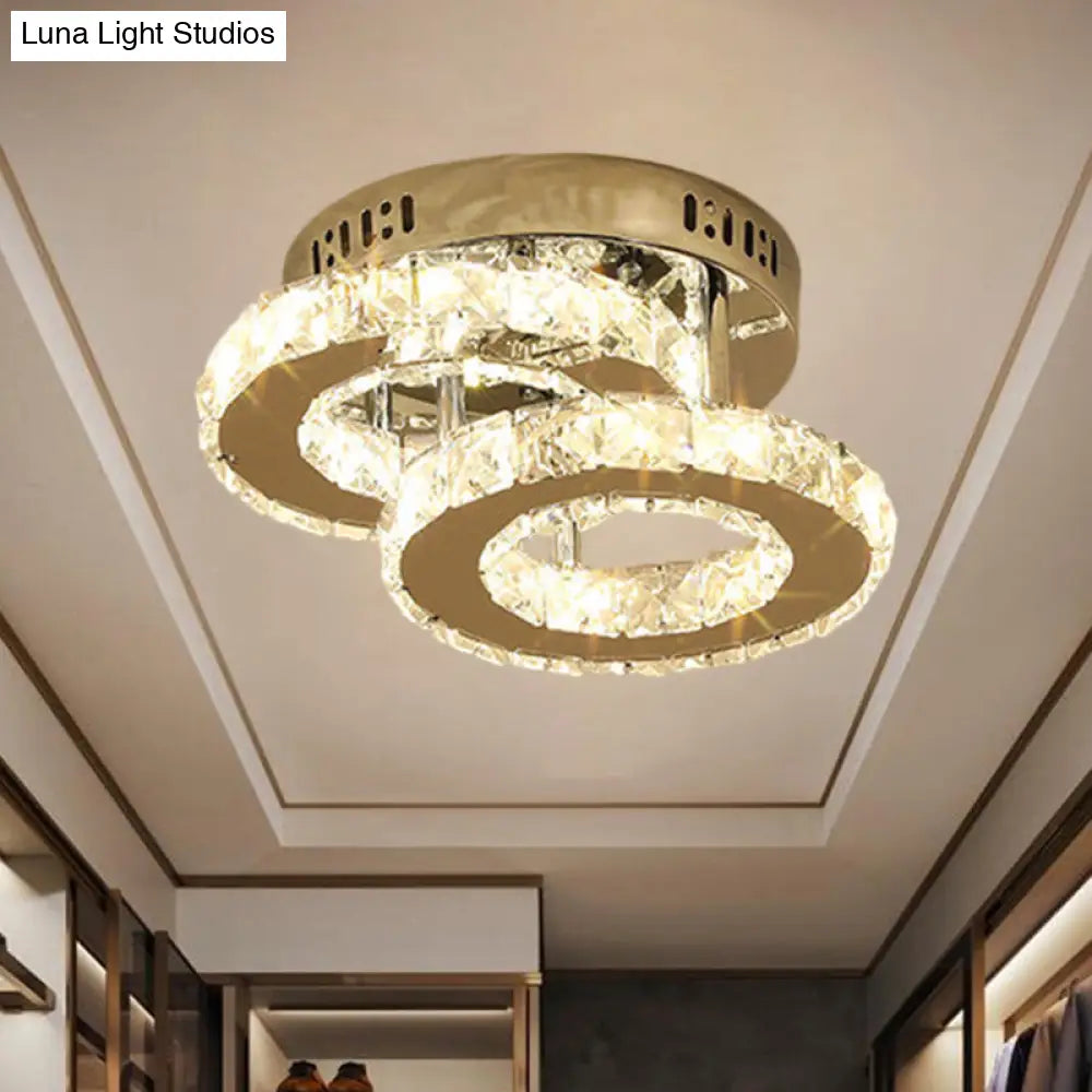 Modern Led Corridor Semi-Light Fixture In Stainless Steel With Clear Crystal Blocks - Ceiling Mount