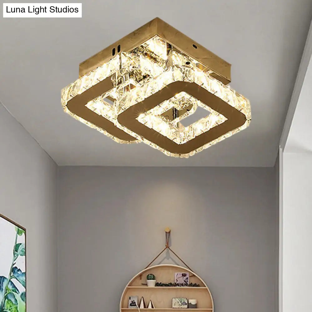Modern Led Corridor Semi-Light Fixture In Stainless Steel With Clear Crystal Blocks - Ceiling Mount