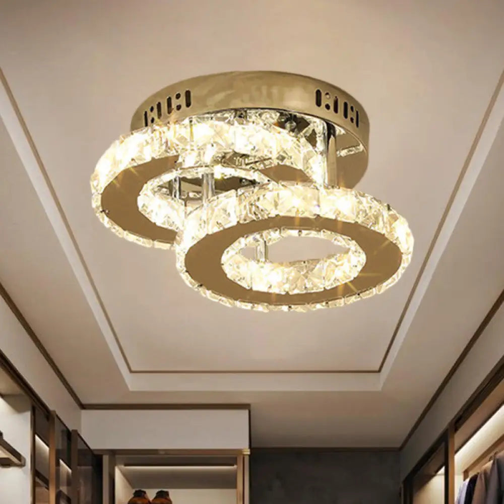 Modern Led Corridor Semi - Light Fixture In Stainless Steel With Clear Crystal Blocks - Ceiling