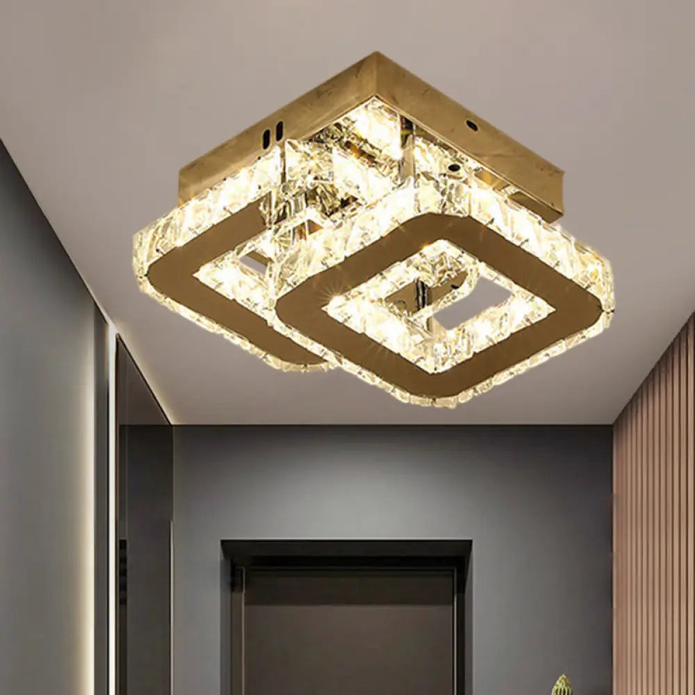 Modern Led Corridor Semi - Light Fixture In Stainless Steel With Clear Crystal Blocks - Ceiling