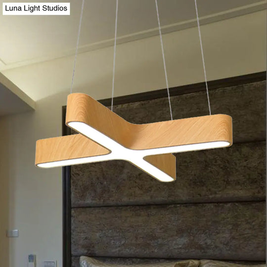 Modern Led Cross Wood Hanging Lamp - Wide Beige Ceiling Pendant Light With Opaline Diffuser