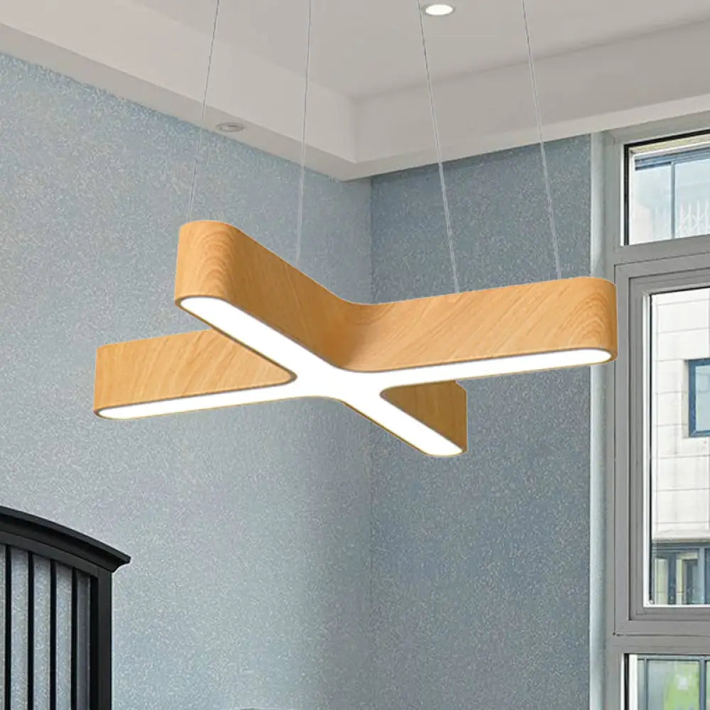 Modern Led Cross Wood Hanging Lamp - Wide Beige Ceiling Pendant Light With Opaline Diffuser