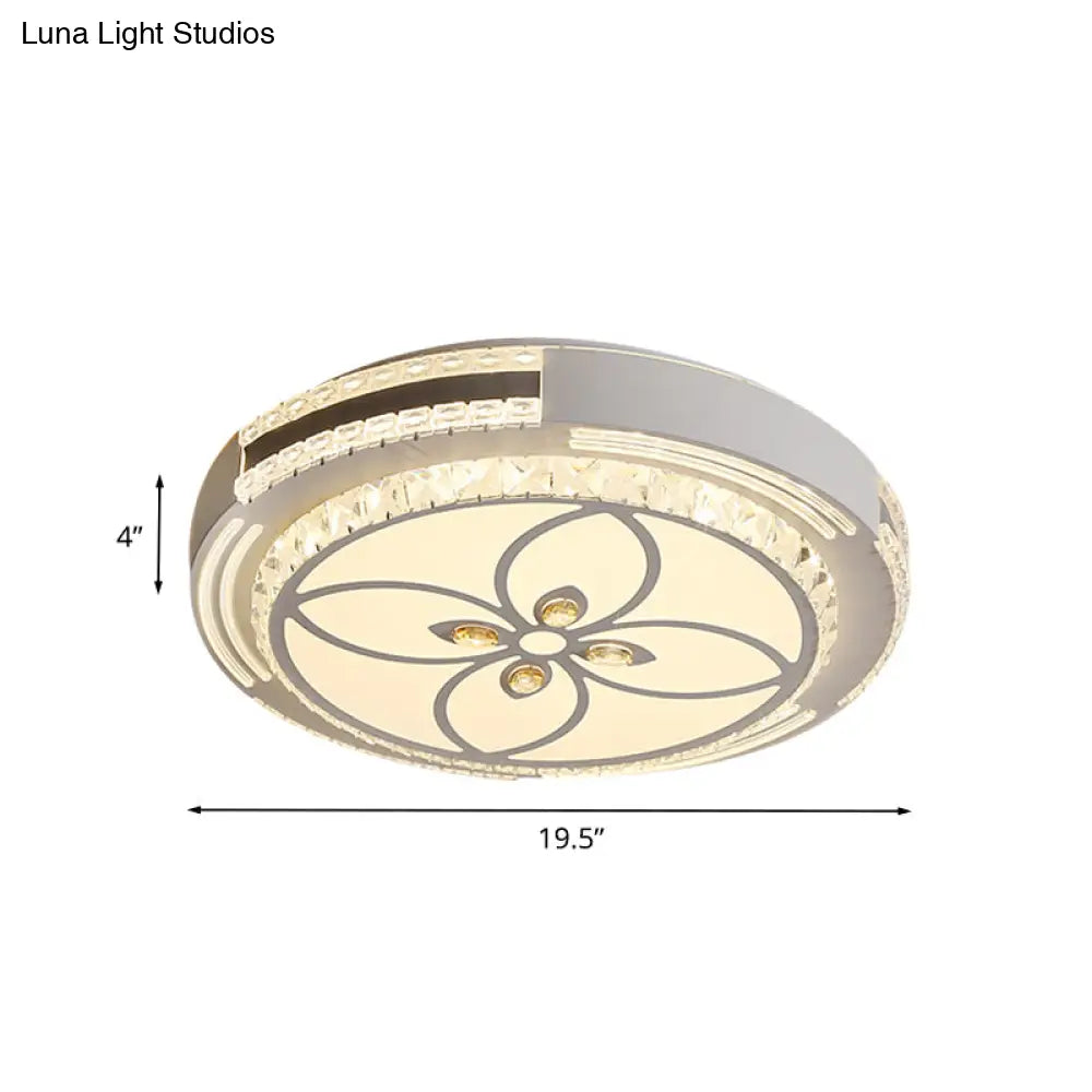 Modern Led Crystal Block Circle Ceiling Light With Four - Leaf Clover/Flower Pattern In Chrome