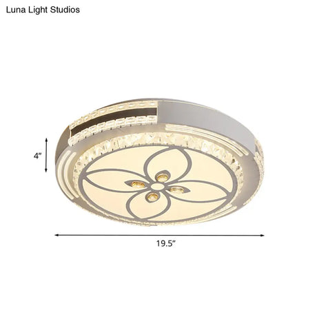 Modern Led Crystal Block Circle Ceiling Light With Four - Leaf Clover/Flower Pattern In Chrome