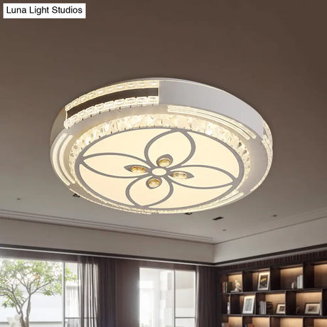 Modern Led Crystal Block Circle Ceiling Light With Four - Leaf Clover/Flower Pattern In Chrome