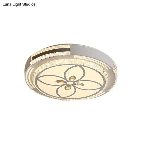 Modern Led Crystal Block Circle Ceiling Light With Four - Leaf Clover/Flower Pattern In Chrome
