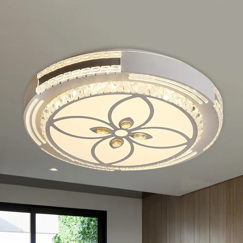 Modern Led Crystal Block Circle Ceiling Light With Four - Leaf Clover/Flower Pattern In Chrome /