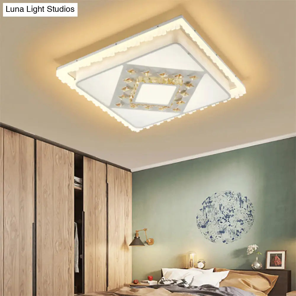 Modern Led Crystal Ceiling Lamp - White Square/Rectangular Flush Mount Light Warm Illumination