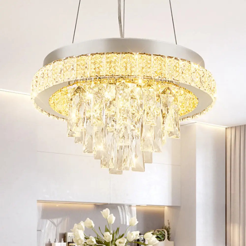 Modern Led Crystal Ceiling Light Fixture With Cascading Facets In Chrome Hoop Design