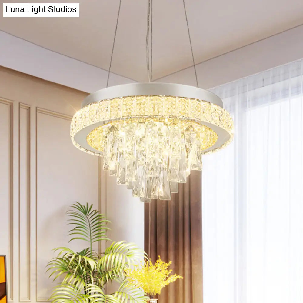 Modern Led Crystal Ceiling Light Fixture With Cascading Facets In Chrome Hoop Design