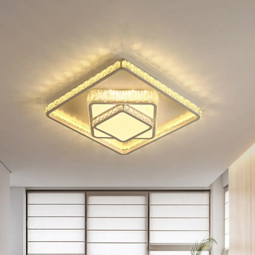 Modern Led Crystal Ceiling Light: Square Flush Mount Fixture In White For Bedroom