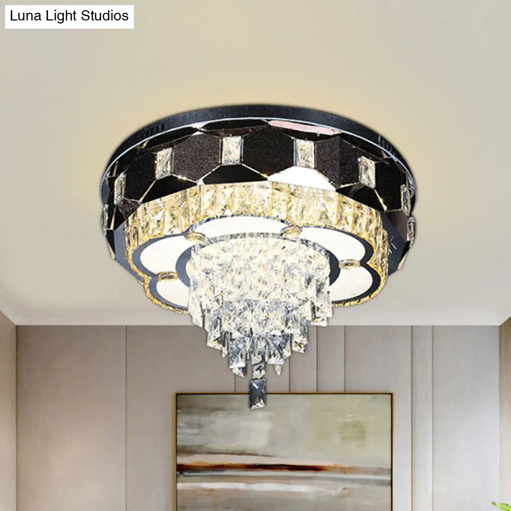 Modern Led Crystal Ceiling Light With Stainless Steel Finish And Floral Accent