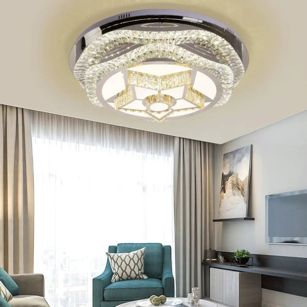 Modern Led Crystal Dome Flush Mount Ceiling Light In Chrome With Star/Gyro Pattern For Living Room