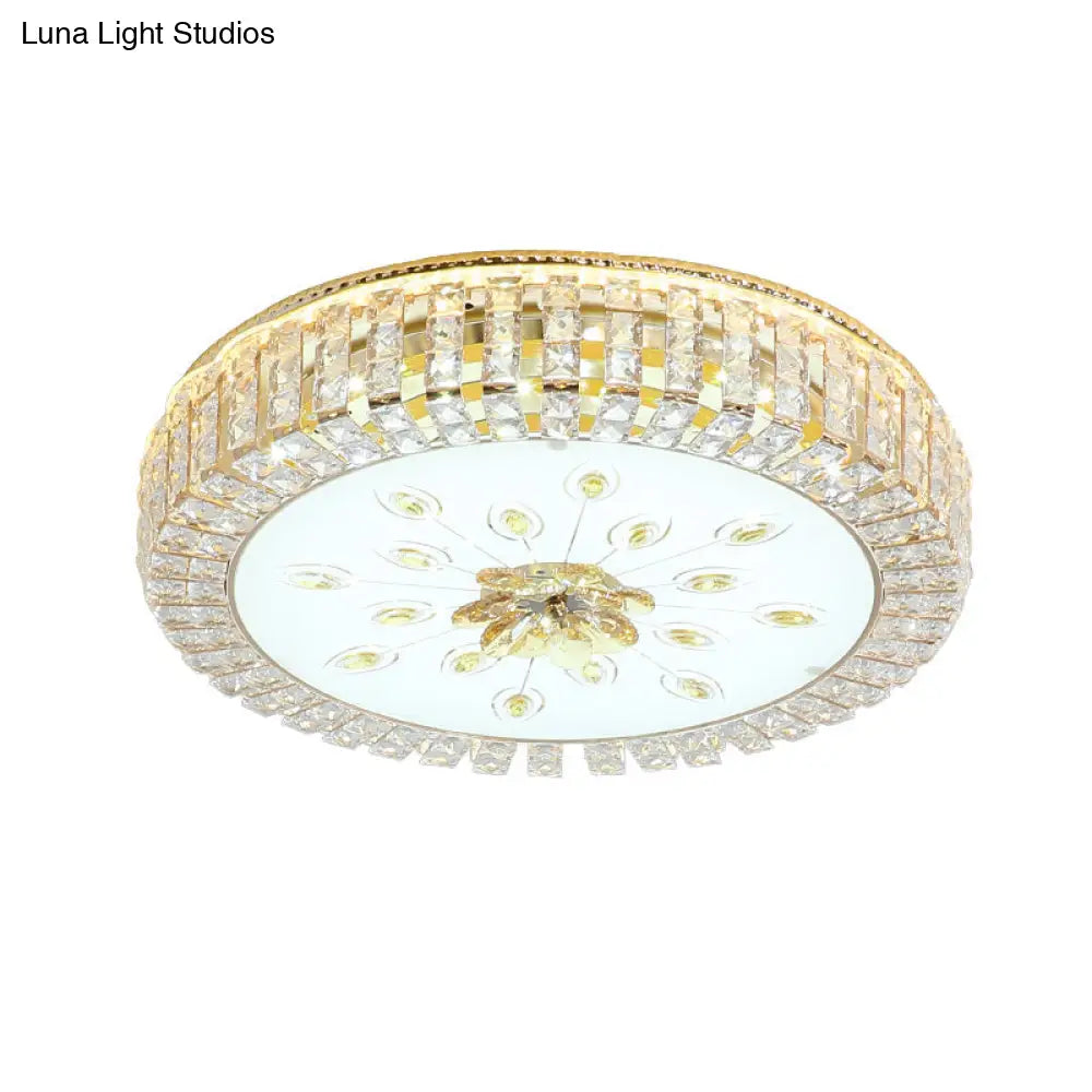 Modern Led Crystal Drum Ceiling Lamp With Flush Mount In Gold Finish For Bedrooms