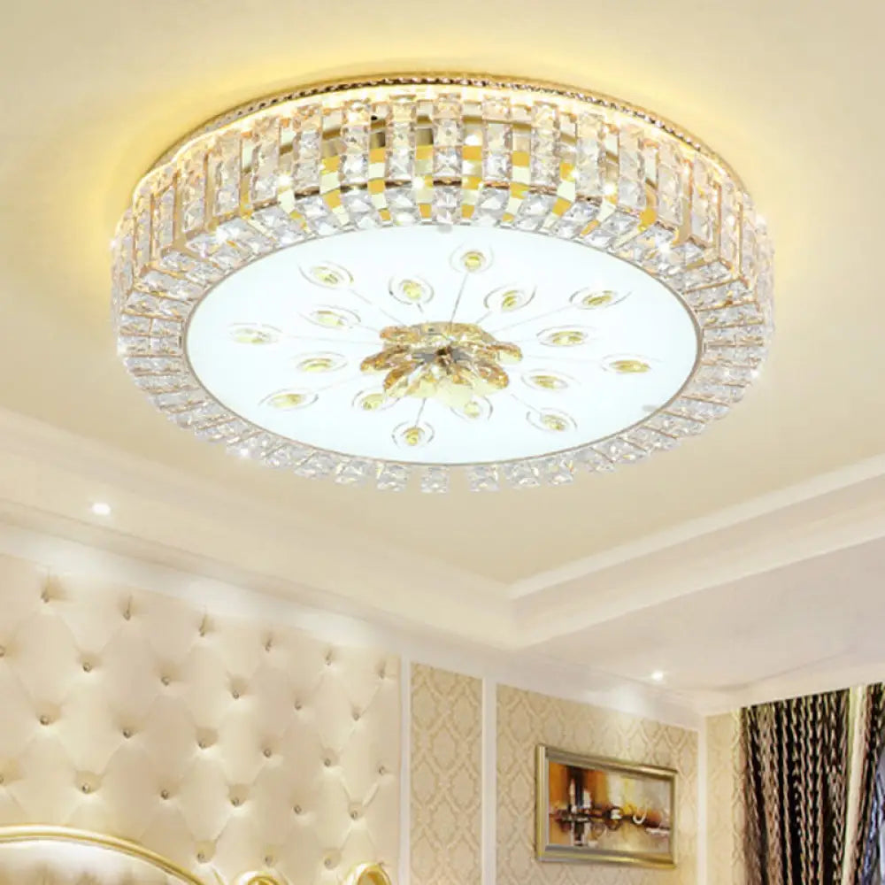 Modern Led Crystal Drum Ceiling Lamp With Flush Mount In Gold Finish For Bedrooms