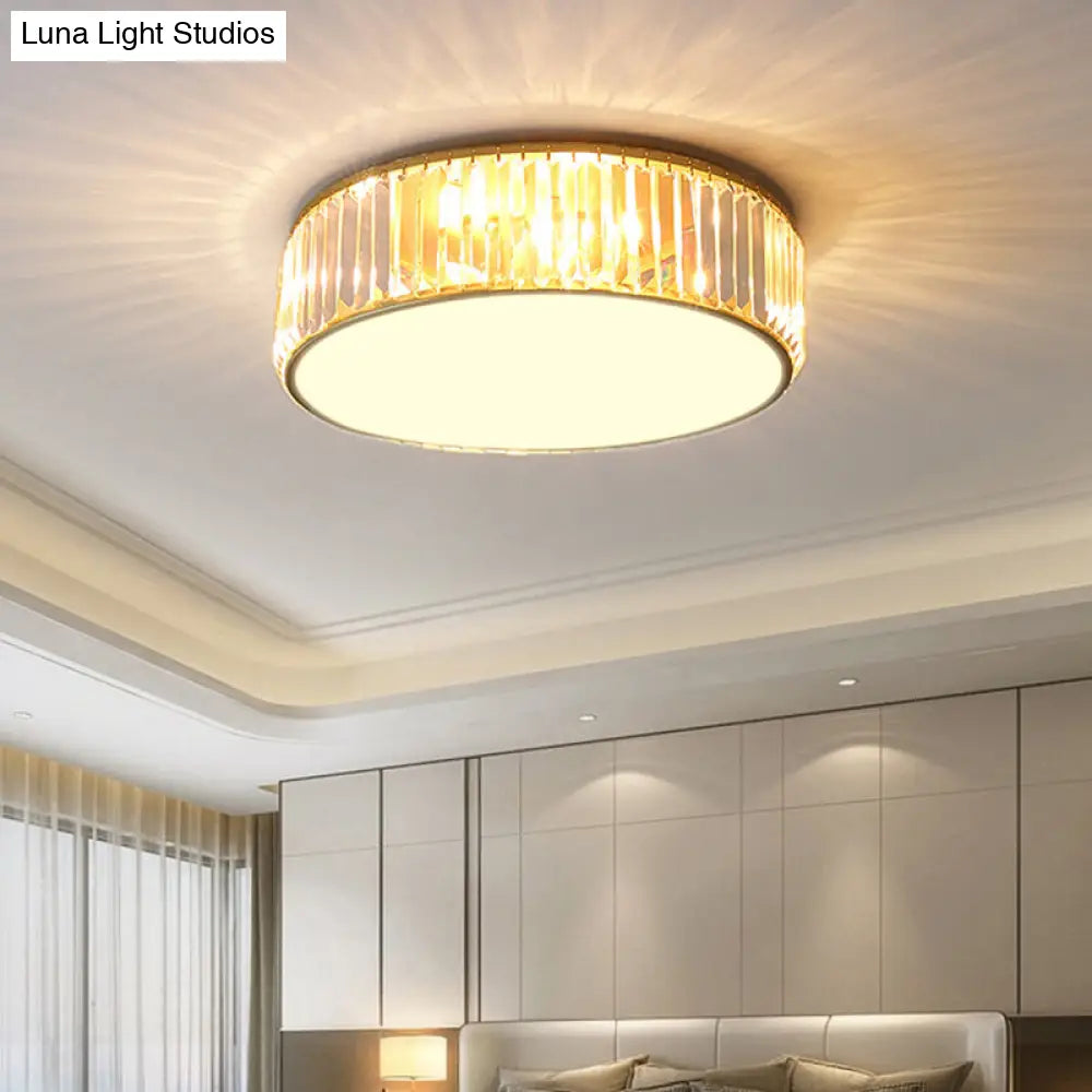 Modern Led Crystal Drum Flush Mount Ceiling Light Fixture For Bedrooms