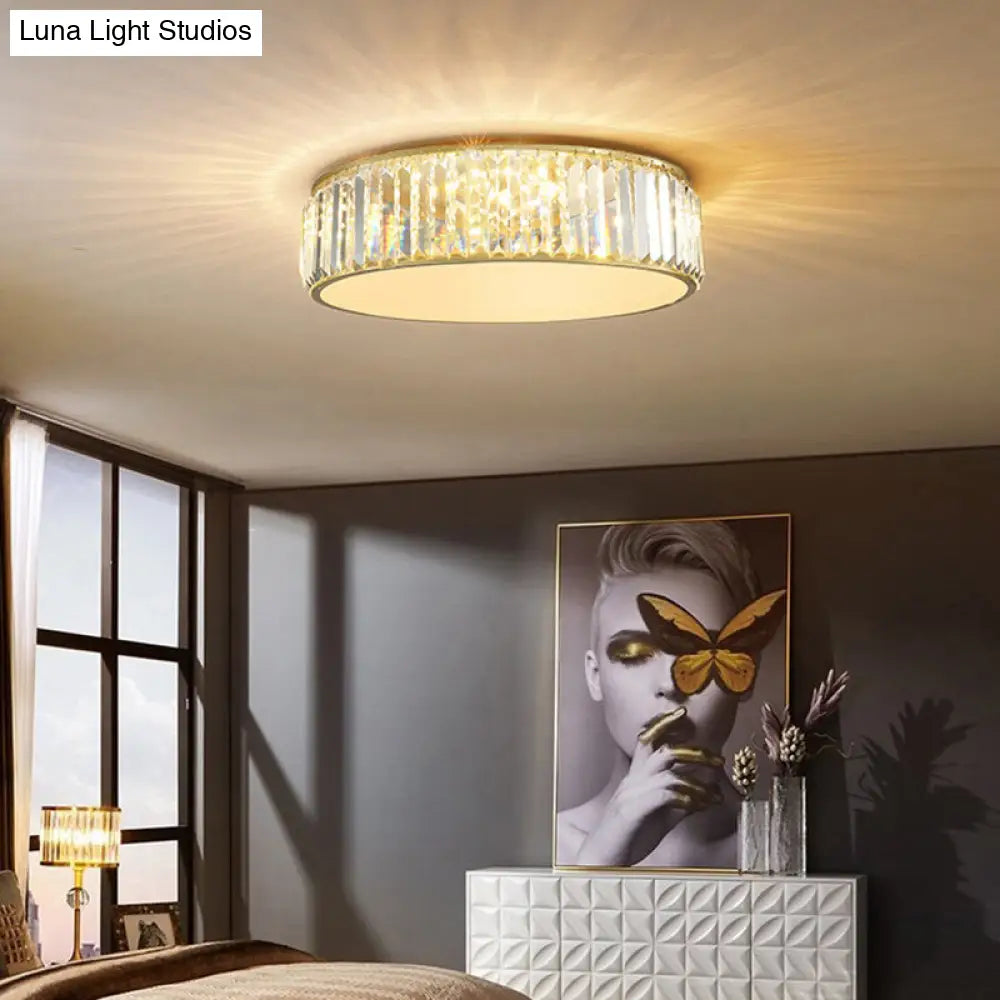 Modern Led Crystal Drum Flush Mount Ceiling Light Fixture For Bedrooms