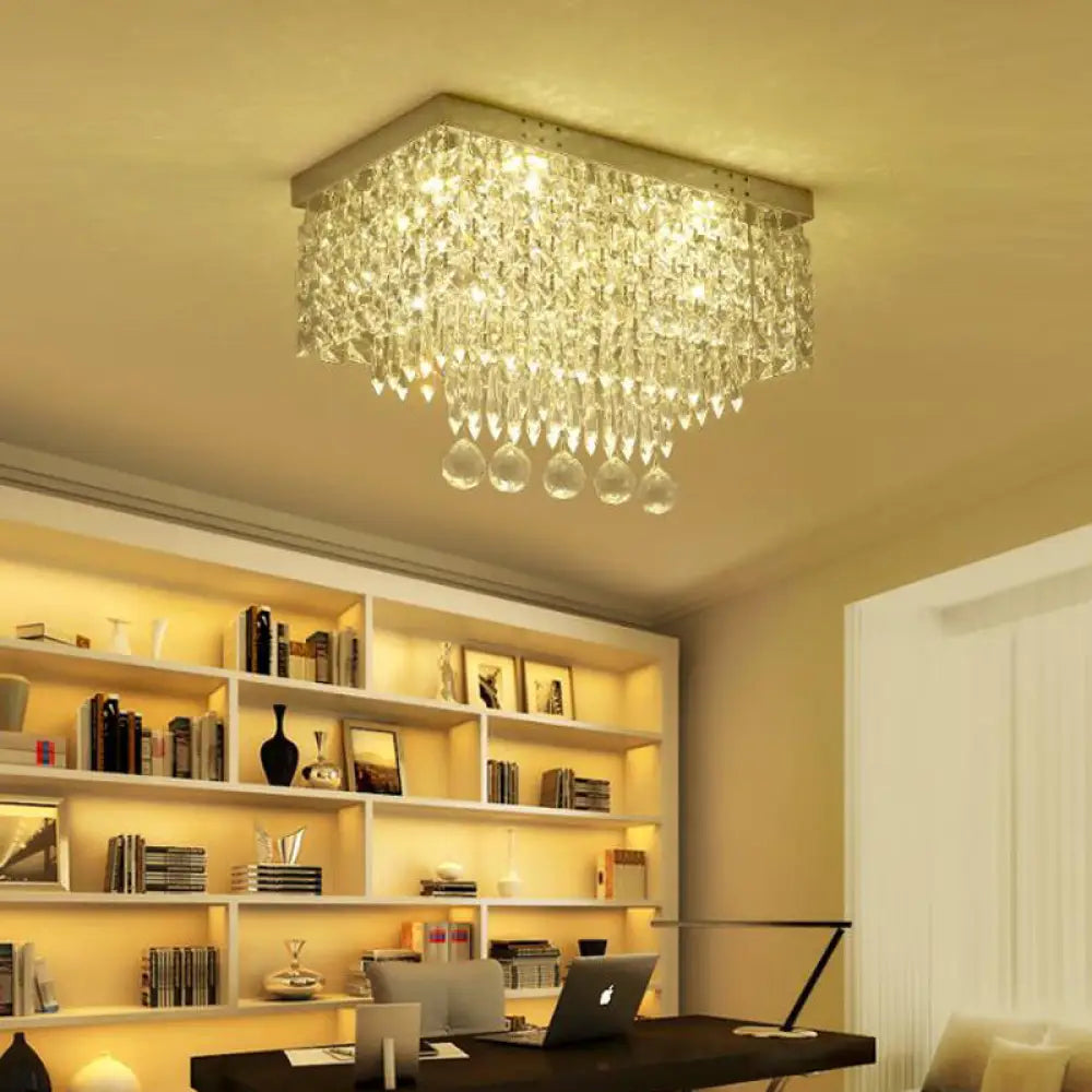 Modern Led Crystal Flush Ceiling Light - Clear Rectangle 19.5’/23.5’ Dia Lamp For Kitchen / 19.5’