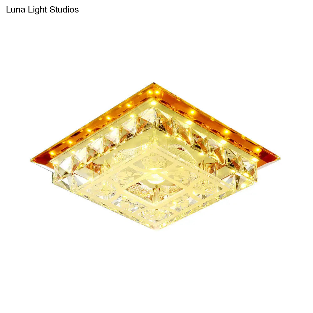Modern Led Crystal Flush Ceiling Light Fixture In Tan - Square Block Design With Warm/White/Natural