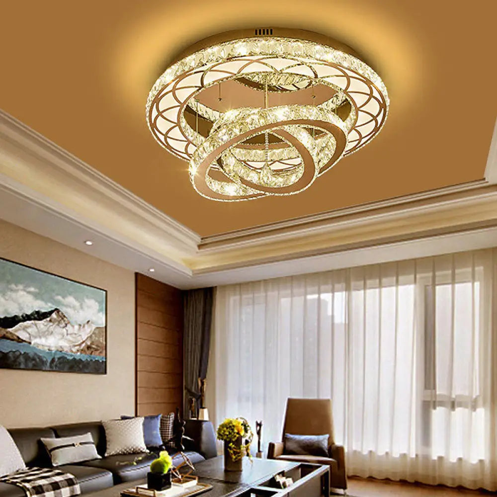 Modern Led Crystal Flush Mount Ceiling Lamp In Chrome - 23.5’/31.5’ Wide Ring Ideal For Living