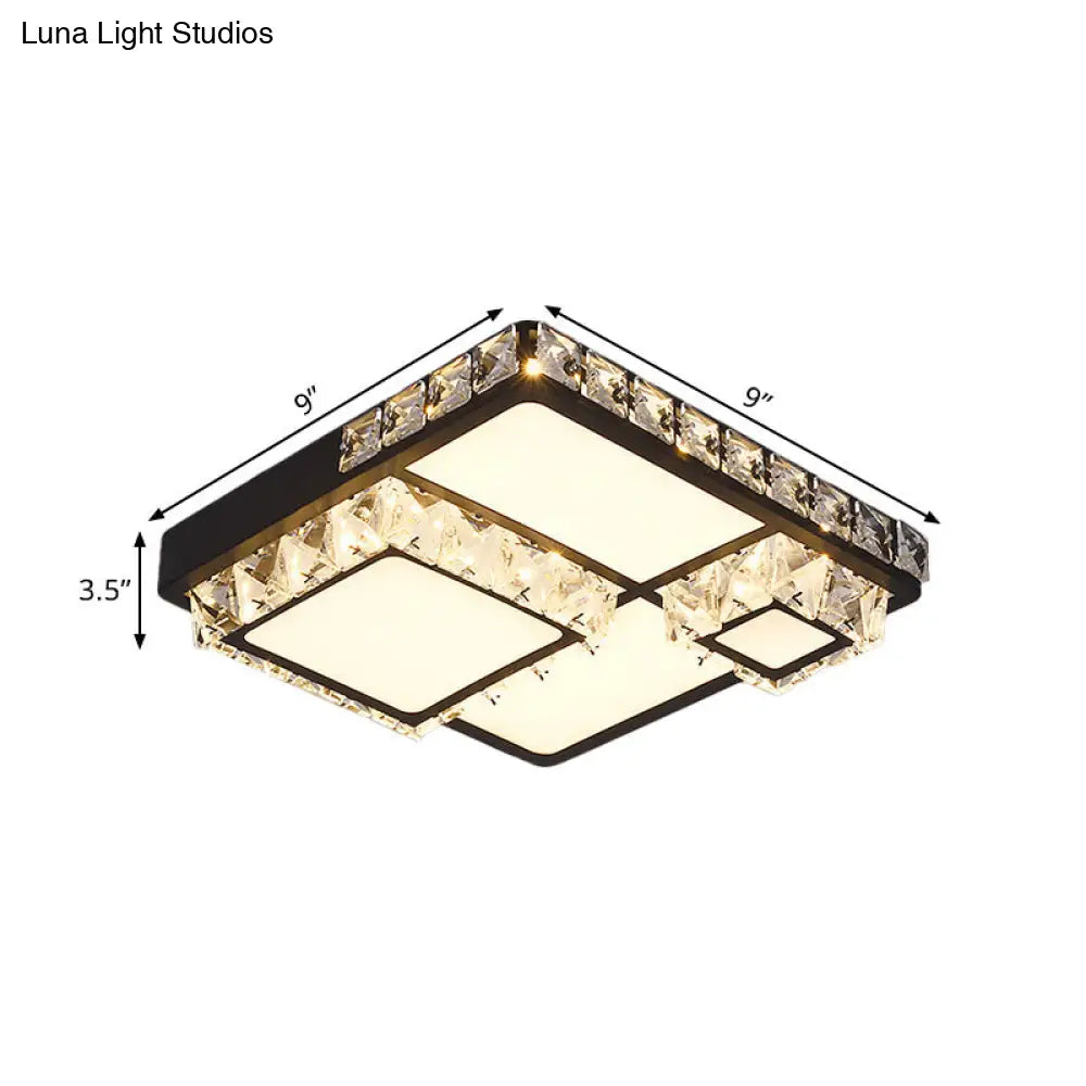 Modern Led Crystal Flush Mount Ceiling Light - Black Square/Round Design