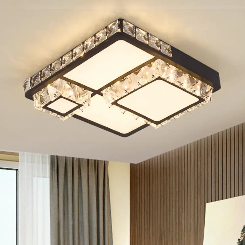 Modern Led Crystal Flush Mount Ceiling Light - Black Square/Round Design / Square Plate