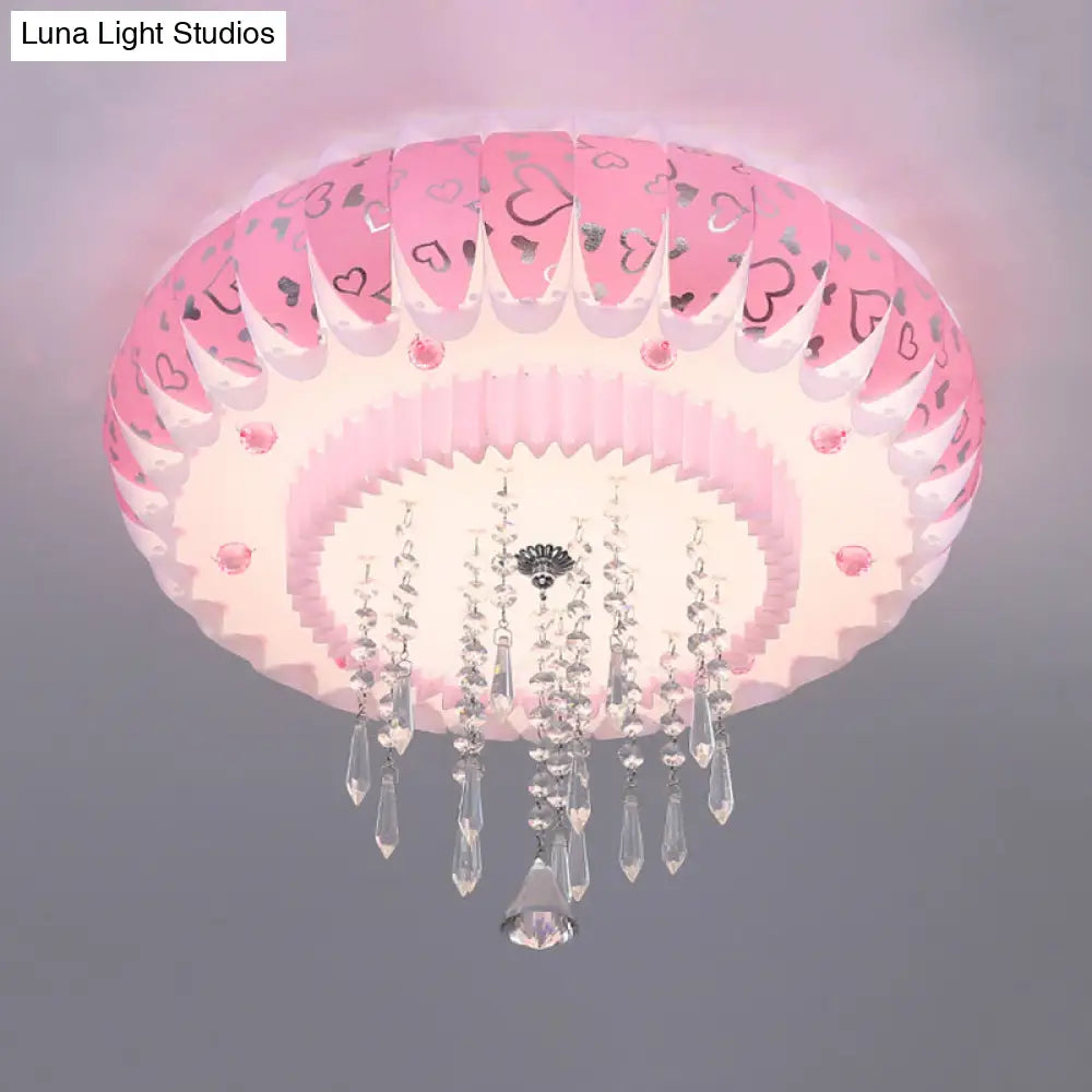 Modern Led Crystal Flush Mount Ceiling Light With Pink Drum Shade Perfect For Living Rooms