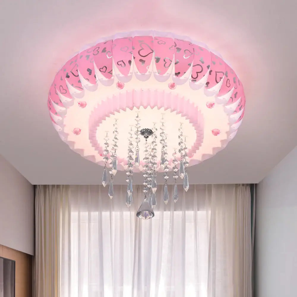 Modern Led Crystal Flush Mount Ceiling Light With Pink Drum Shade Perfect For Living Rooms / B