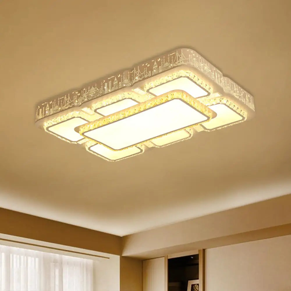 Modern Led Crystal Flush Mount Lamp: White Rectangular Design With Laser - Cut City Pattern