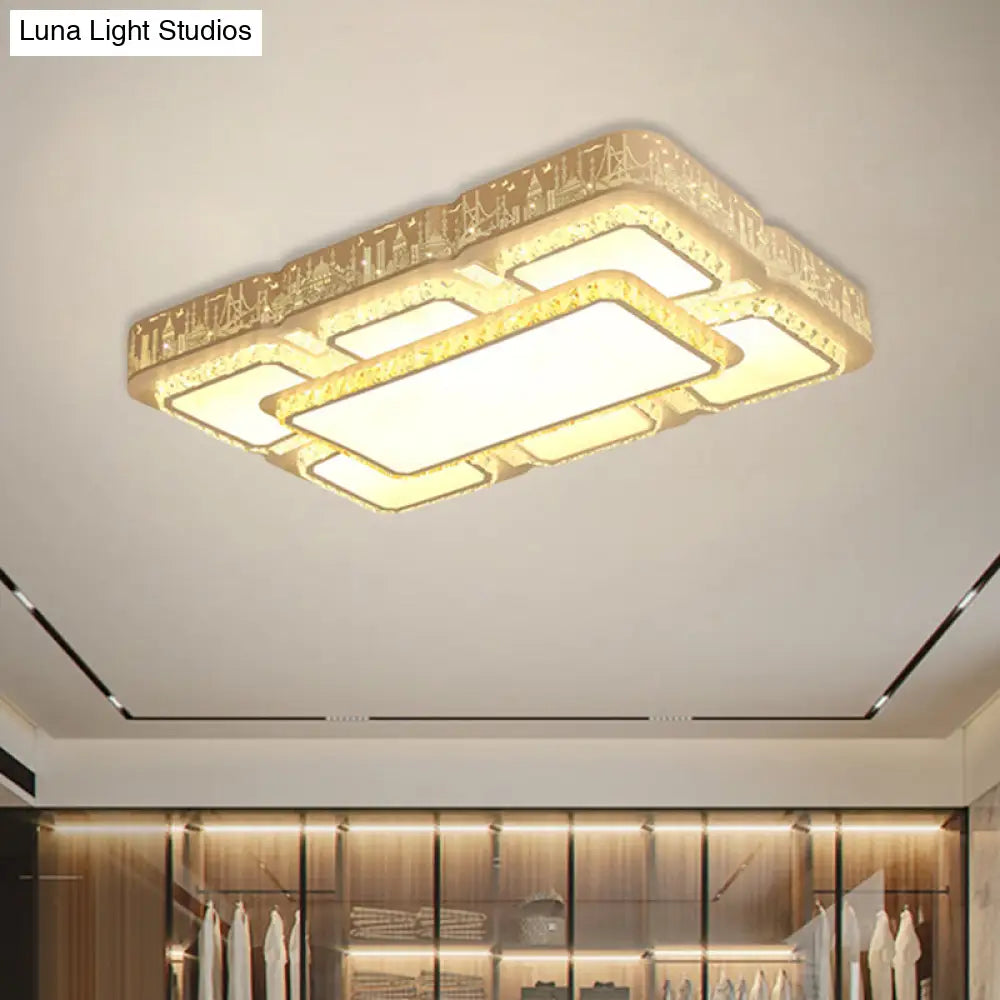 Modern Led Crystal Flush Mount Lamp: White Rectangular Design With Laser - Cut City Pattern