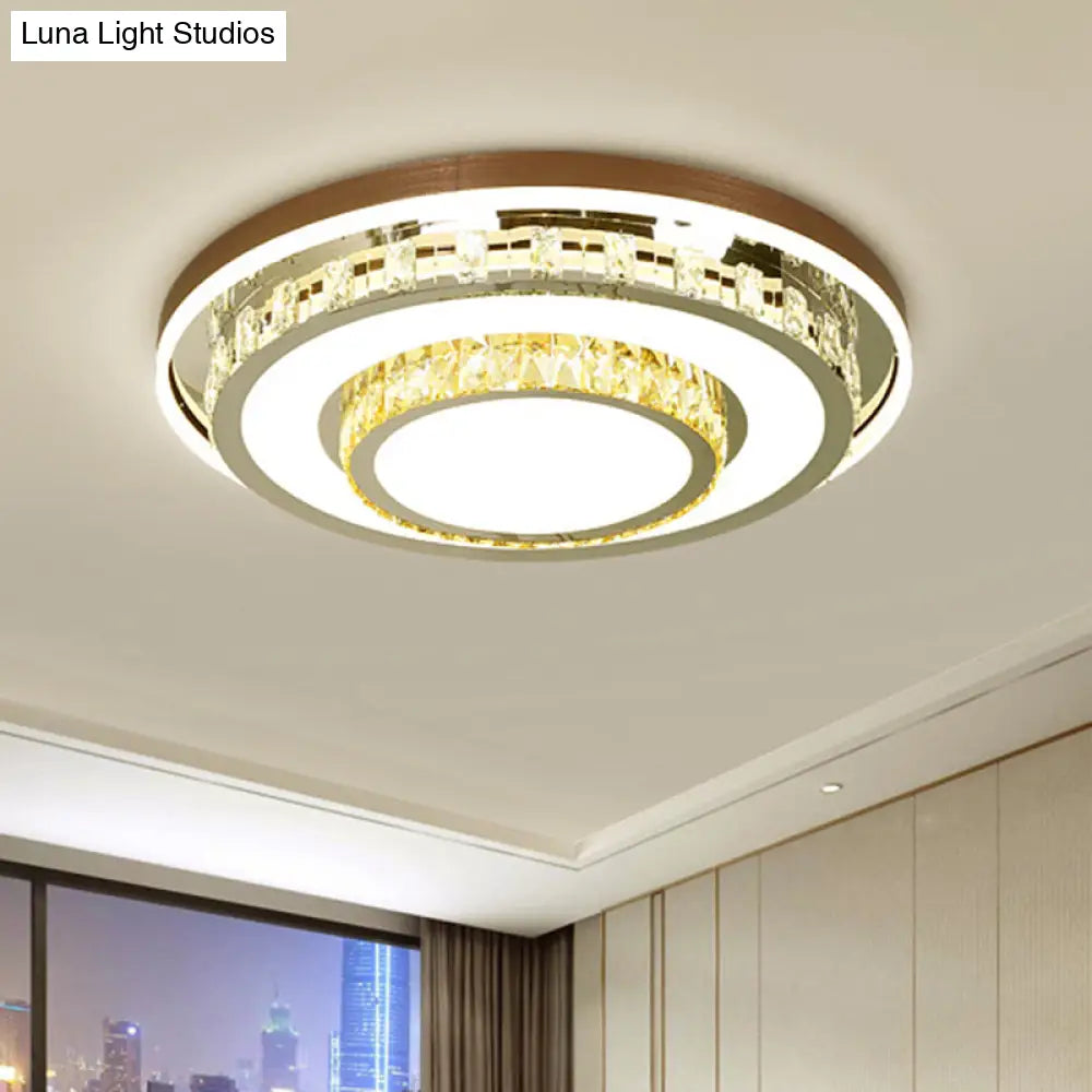 Modern Led Crystal Flush Mount Light Fixture - Stainless Steel Layered Round Design