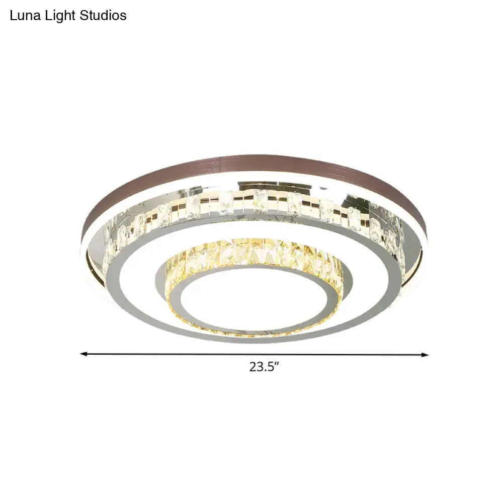 Modern Led Crystal Flush Mount Light Fixture - Stainless Steel Layered Round Design