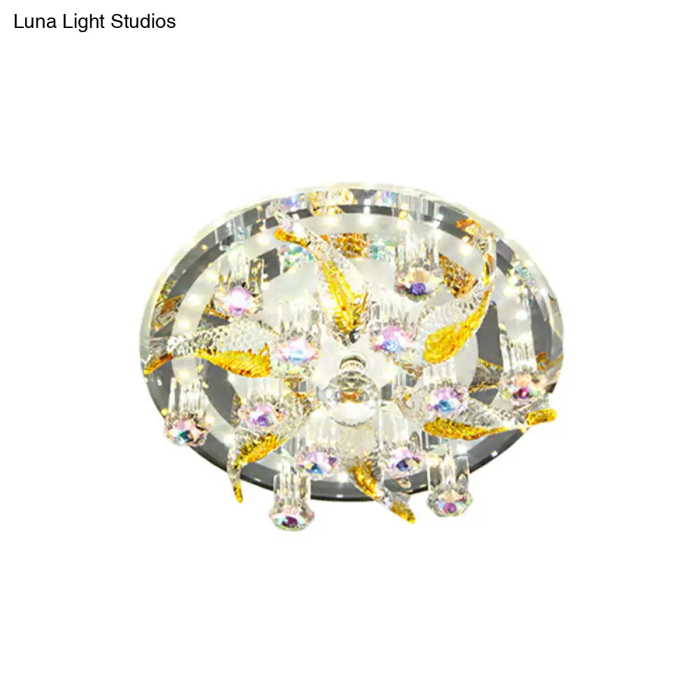 Modern Led Crystal Flushmount Ceiling Lamp - Fish And Flower Design Perfect For Porch Lighting