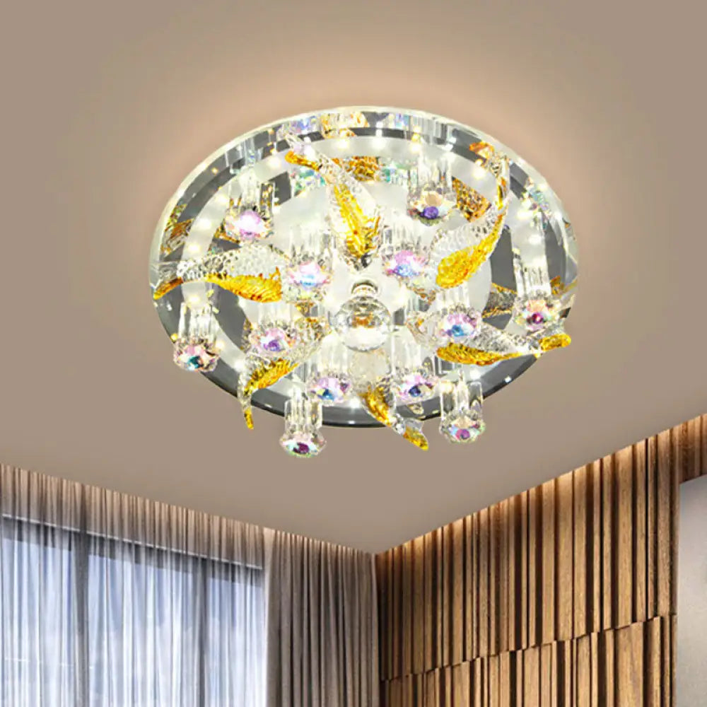 Modern Led Crystal Flushmount Ceiling Lamp - Fish And Flower Design Perfect For Porch Lighting Clear