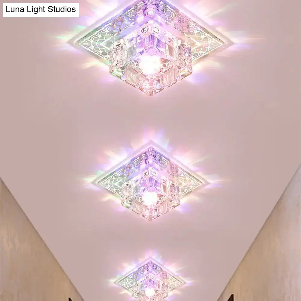 Modern Led Crystal Flushmount Ceiling Light - Square Clear Glass Chrome Finish Ideal For Porch