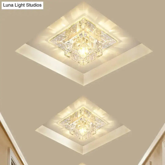 Modern Led Crystal Flushmount Ceiling Light - Square Clear Glass Chrome Finish Ideal For Porch