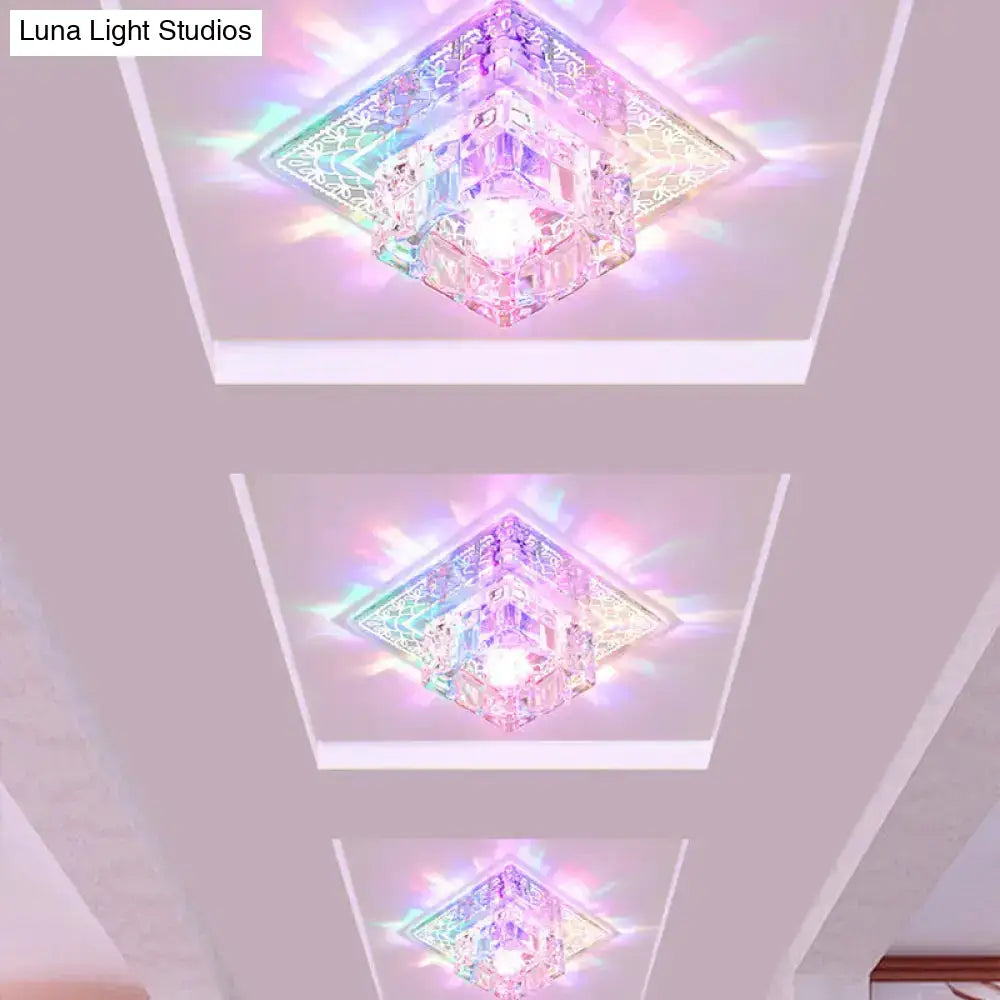 Modern Led Crystal Flushmount Ceiling Light - Square Clear Glass Chrome Finish Ideal For Porch