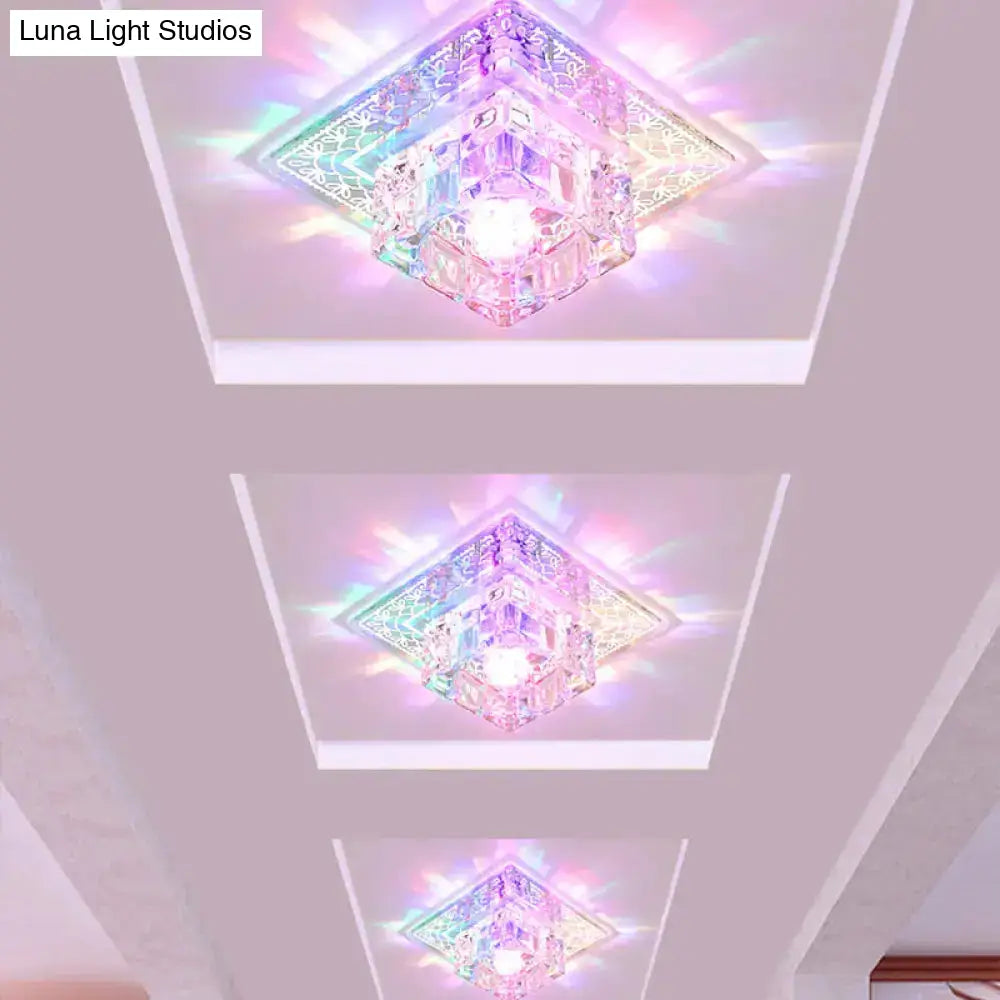 Modern Led Crystal Flushmount Ceiling Light - Square Clear Glass Chrome Finish Ideal For Porch