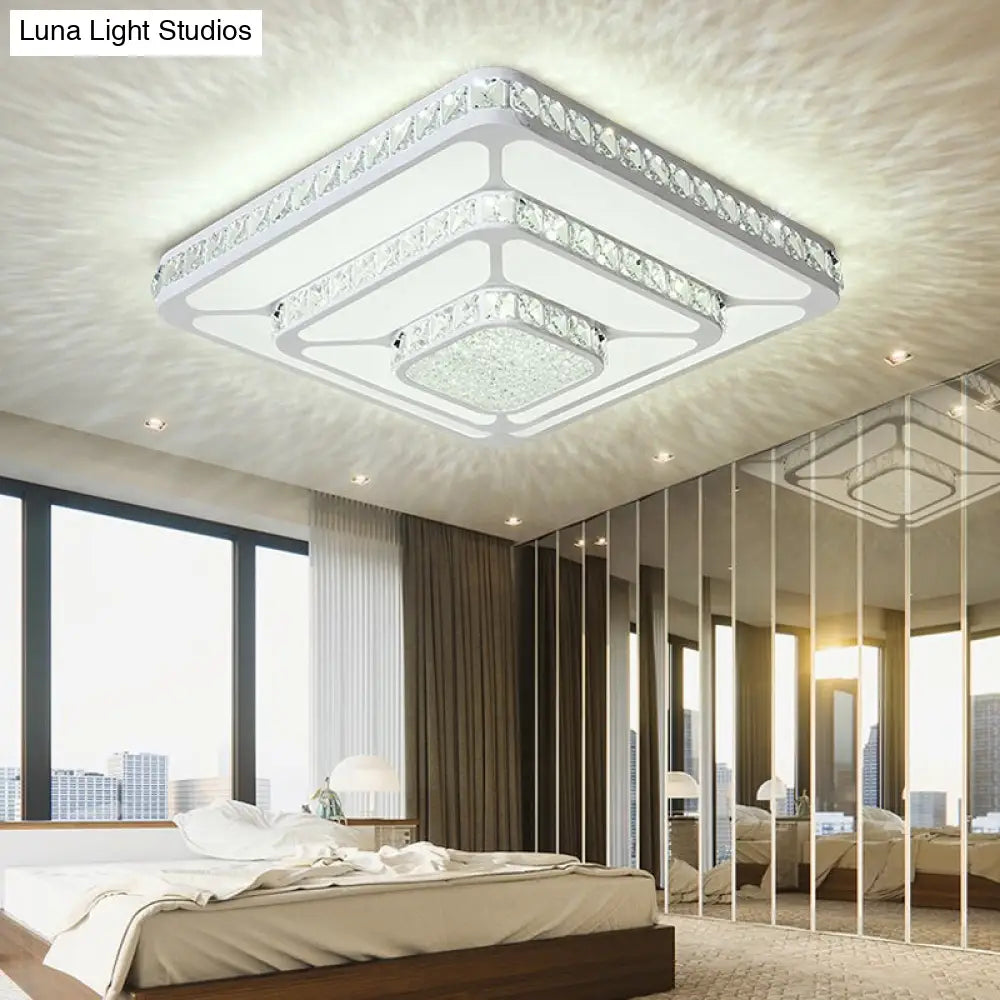 Modern Led Crystal Geometry Ceiling Lamp - White Flush Mount Light With 3-Tier Design / Small Square