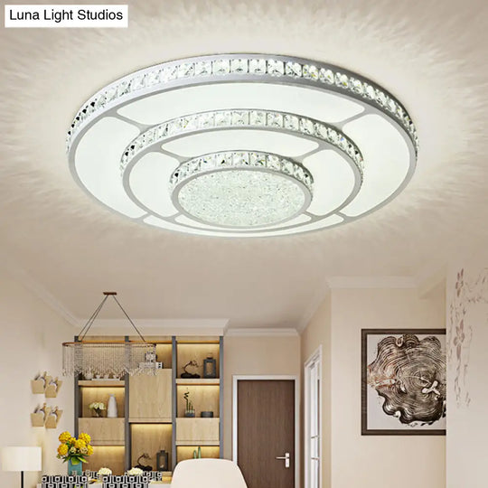 Modern Led Crystal Geometry Ceiling Lamp - White Flush Mount Light With 3-Tier Design / Medium Round