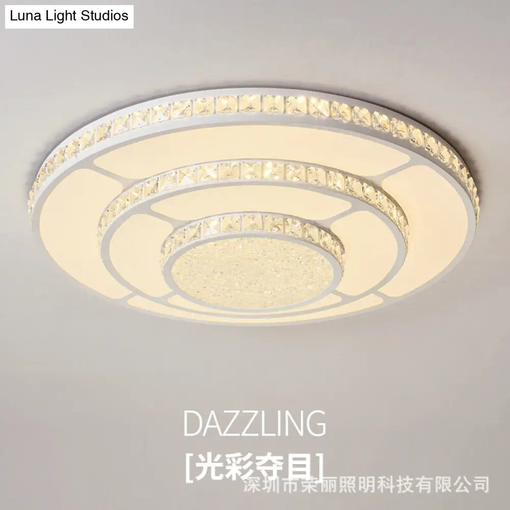 Modern Led Crystal Geometry Ceiling Lamp - White Flush Mount Light With 3-Tier Design / Large Round