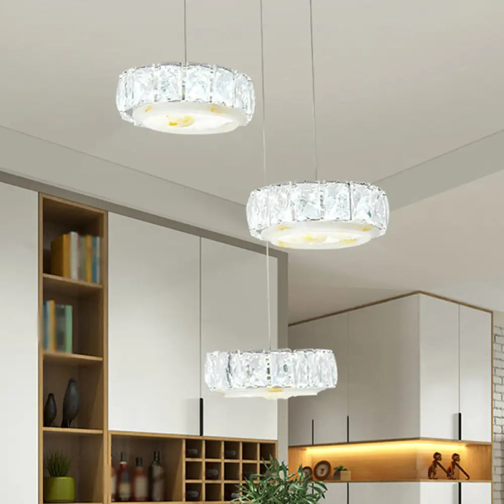 Modern Led Crystal Hanging Lamp Kit With Chrome Finish Faceted Circle And Jade Flower Design -