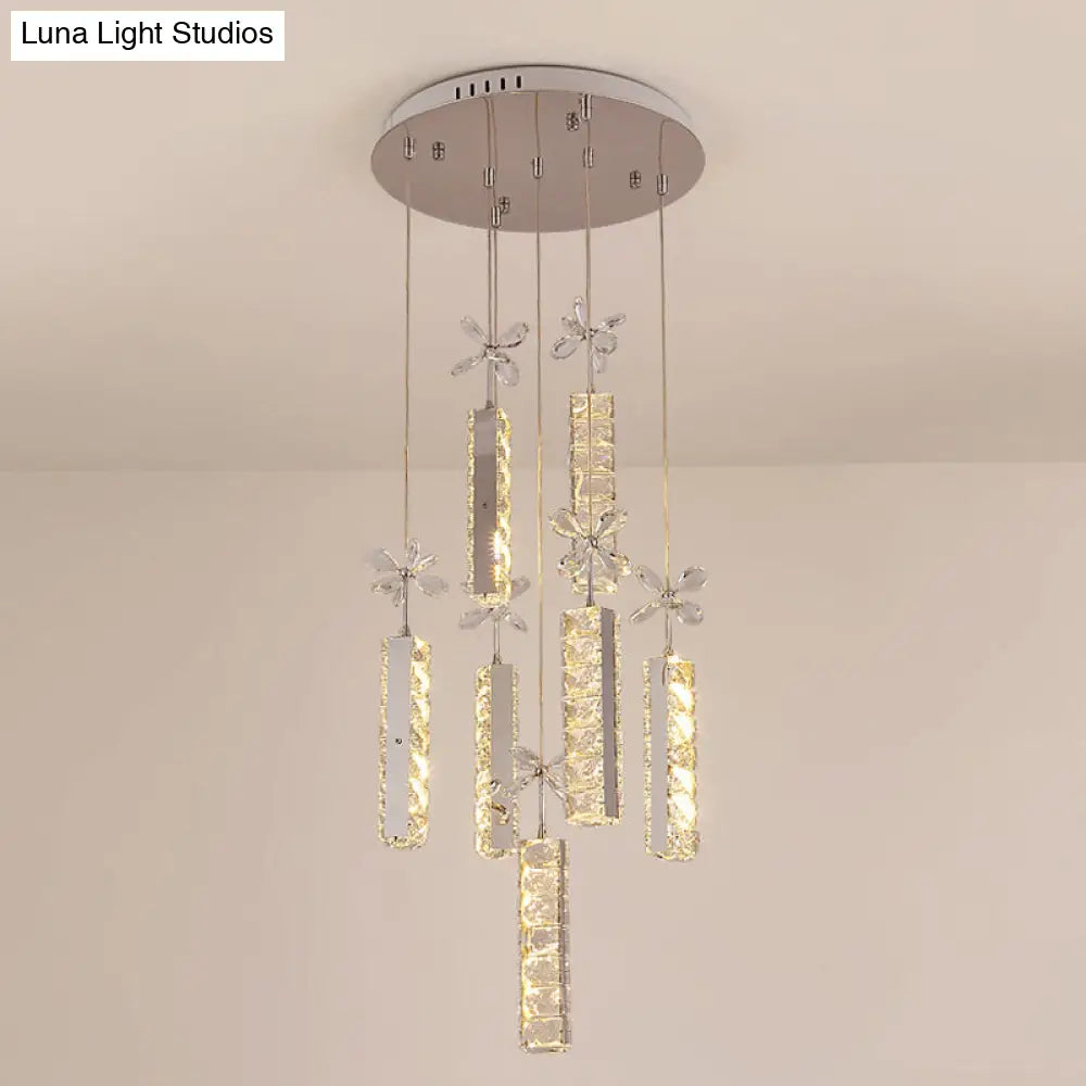 Modern Led Multi Pendant Light With Cut Crystal Linear And Flower Drop Design In Chrome Finish