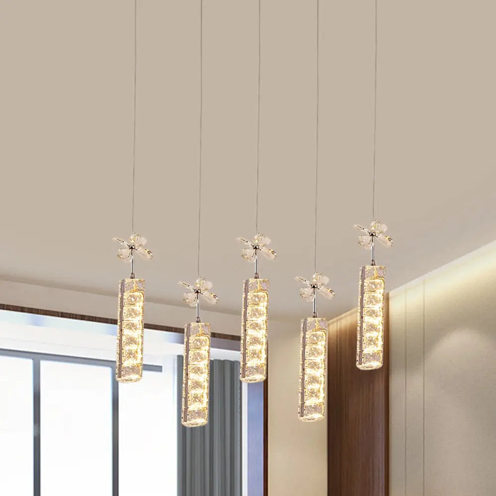 Modern Led Crystal Pendant Light With Chrome Canopy - Linear And Flower Drop Design /