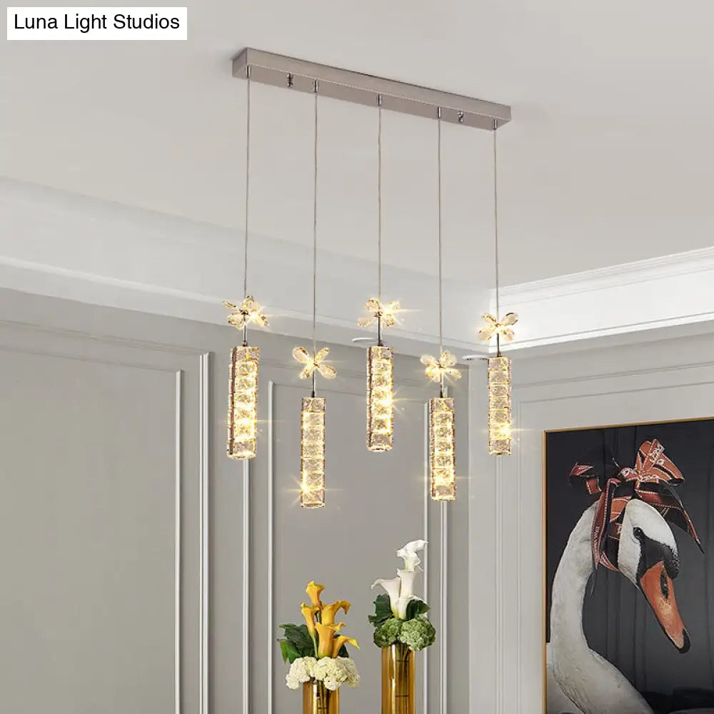 Modern Led Multi Pendant Light With Cut Crystal Linear And Flower Drop Design In Chrome Finish